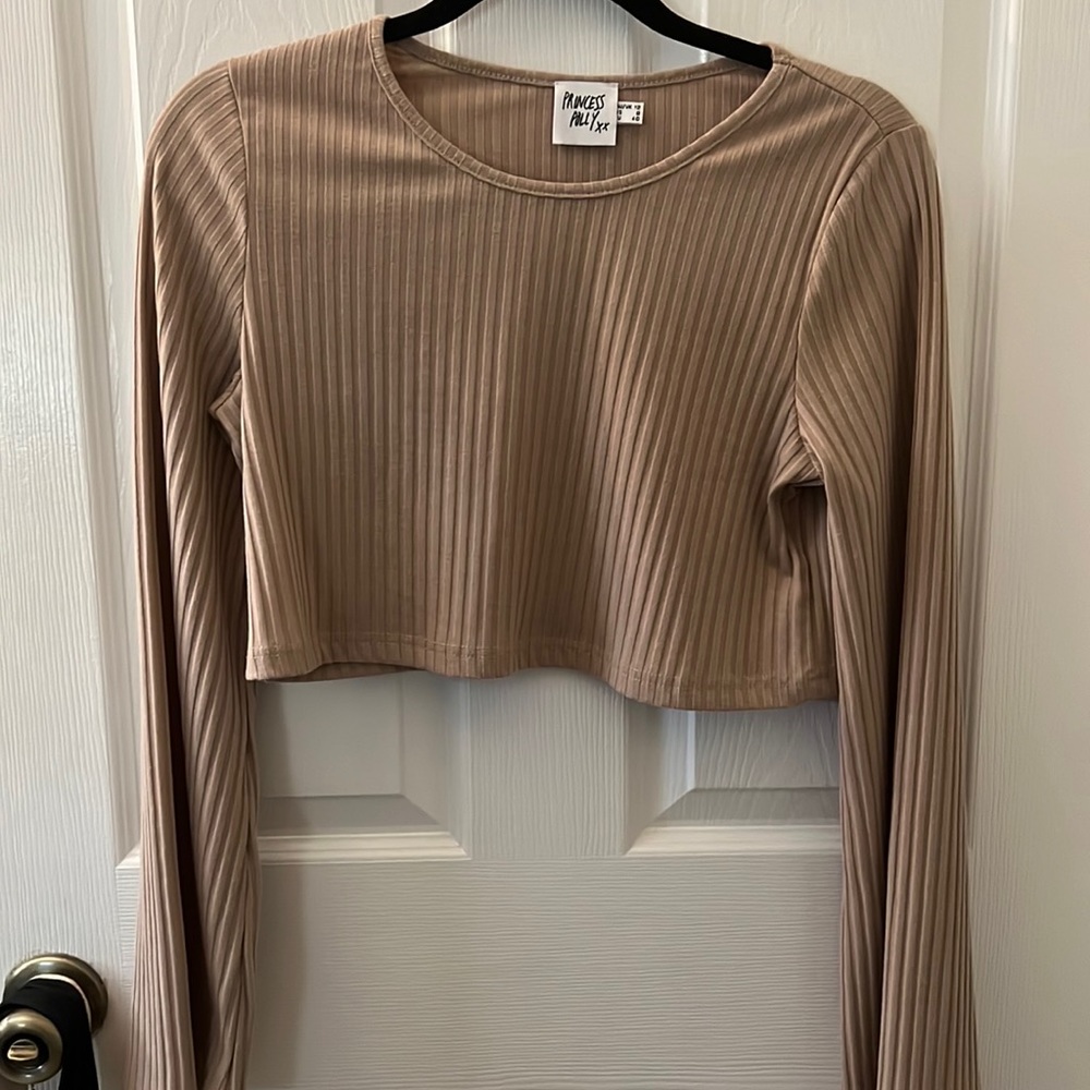 Princess Polly Ribbed Scoop Neck Flare Sleeve Crop Top in Tan